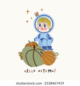 Ilustração vetorial com uma menina astronauta, caracol, lagartas e abóboras. Ilustração de outono para um cartão-postal