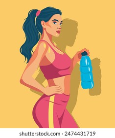 Vector illustration of a girl athlete holding a bottle of water, sports day, health day, a woman doing sports, a woman girl in sportswear, for the site, posters, cards, posters, social networks