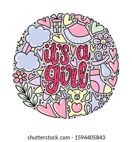 Vector illustration of It is a girl. Baby shower theme. Lettering design for card, invitation, party and other