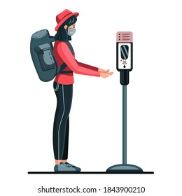 vector illustration, a girl with a backpack in a medical mask treats her hands with an antiseptic.
safe travel, floor sanitizer, COVID-19