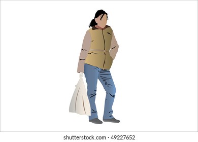 Ilustración vectorial de la niña con la bolsa
