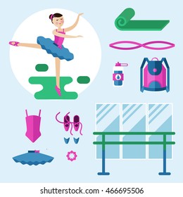 Vector illustration. Girl ballerina and ballet items.