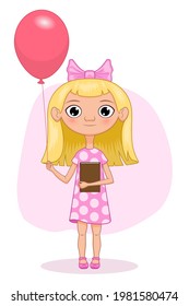 Vector illustration of a girl with a balloon and a book in a cartoon style.