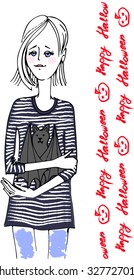 Vector illustration of girl with bat on her hands. Black and color inc, hand drawing.