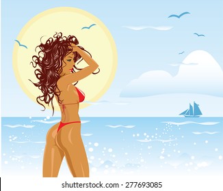 Vector illustration of girl at the beach in bikini holding hands in hair. 