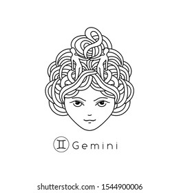 Vector illustration of a girl with beautiful hair. Zodiac sign, prediction, future, astrology. Fortune telling and magic in the universe.