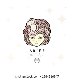 Vector illustration of a girl with beautiful hair. Zodiac sign, prediction, future, astrology. Fortune telling and magic in the universe.