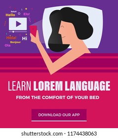 Vector Illustration of a girl in bed looking into her phone. Learn A Language Template for banner/ad/flyer/blog/poster. Watching Videos on mobile phone and studying from the internet