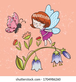 Vector illustration of a girl bees and butterflies among flowers on an orange textured background