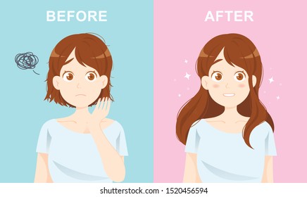 Сute vector illustration with a girl before and after hair care. Hair Growth.