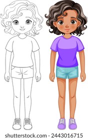 Ilustración vectorial de una niña antes y después de colorear