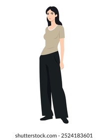 Vector illustration of a girl with a beige t-shirt and wide black pants.