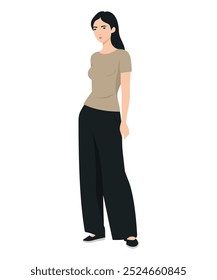 Vector illustration of a girl with a beige t-shirt and wide black pants.