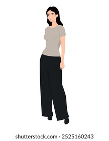 Vector illustration of a girl with a beige t-shirt and wide black pants.