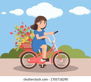 Vector illustration of the girl in the bicycle with basket of flowers. Can be used as print, postcard, invitation, greeting card, packaging design, textile, stickers, web and magazine illustration.