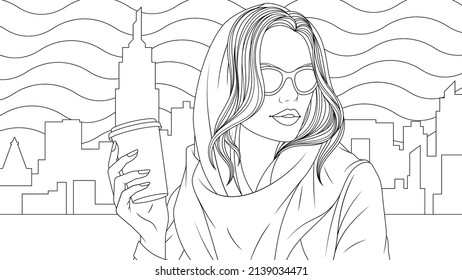 Vector illustration, girl in the big city with coffee, coloring book