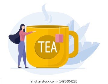 Vector illustration of girl and big cup or tea. Young Woman drinking warm cup of tea. Cartoon cute winter