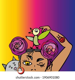 Vector illustration of a girl with big earring and roses in her hair is playing with her cat and bird.