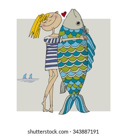 vector illustration if girl and big fish
