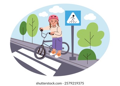 Vector illustration of girl with bike at pedestrian crossing. Cartoon child wearing helmet, traffic sign nearby. Road safety, cycling, outdoor activity, healthy lifestyle flat composition