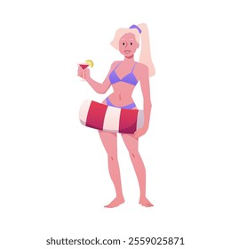 Vector illustration of a girl in a bikini, with an inflatable ring and a cocktail. Summer vacation, beach party. Flat cartoon style character on isolated background.