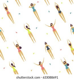 Vector illustration. Girl in bikini seamless pattern. Flat style. Summertime. Girl swimming.  Isolated on white. Top view