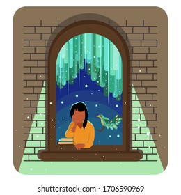 vector illustration of girl with bird pet looking out of the window,  magic lights and fireflies. dreaming with books in social isolation, quarantine time