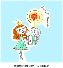 Vector illustration of a girl with a birthday cake