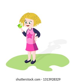 Vector illustration of a girl biting apple on a white background
