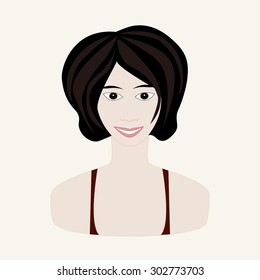 Vector illustration of girl with black hair and pale skin. Face of young woman. Winter seasonal color.