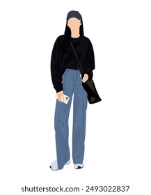 Vector illustration of a girl in a black hoodie, jeans and white sneakers. Completed with a black backpack and a phone.