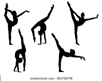 Vector illustration girl black silhouettes of gymnastics. Gymnastics, acrobatics, acrobatics, sport.