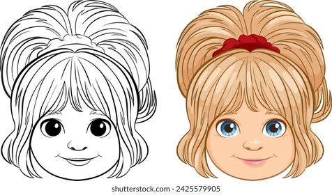 "Vector illustration of girl, black and white and colored versions."