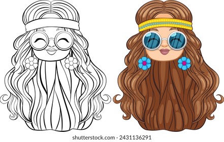"Vector illustration of a girl, black and white and colored versions."