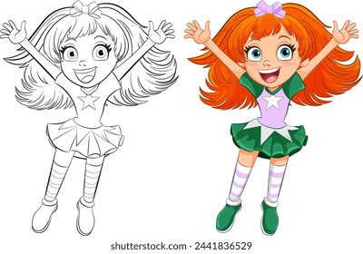 Vector illustration of a girl, black and white and colored versions.