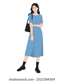 Ilustração vetorial de uma menina em um vestido azul, sapatos pretos e com uma mochila preta. Elegante e feminino.