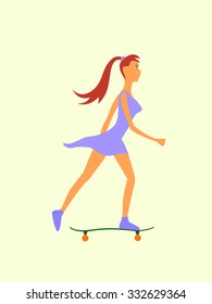 Vector Illustration of a girl in blue dress skateboarding on a white background