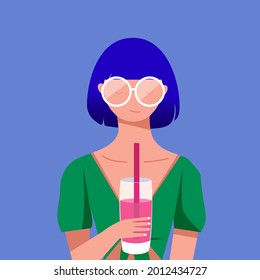 vector illustration of a girl with blue hair in a green blouse drinks pink juice through a straw on a blue background summer beach