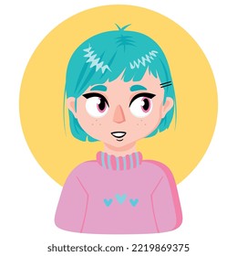 Vector illustration. Girl with blue hair. Girl avatar. Chat character. Shy.