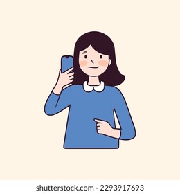 Vector illustration of a girl in a blue sweater using a smartphone. flat vector cartoon style