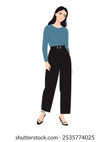 Ilustración vectorial de una chica en un suéter azul y pantalones negros. Estilo otoñal acogedor y minimalista.