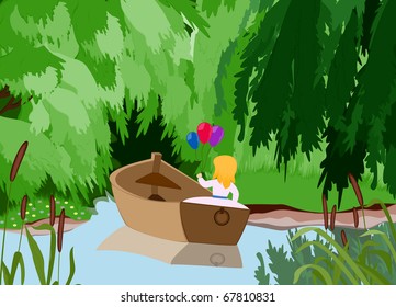 Vector illustration of the girl in a boat in the middle of lake against dark