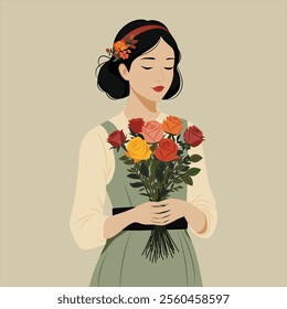 vector illustration of Girl with boquet of colorful roses 