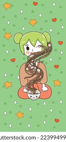 Vector illustration - a girl and a bowl of noodles.
