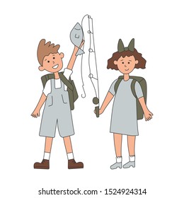 Vector illustration of a girl and a boy caught a fish on a fishing rod. Children with backpacks go camping and get food.