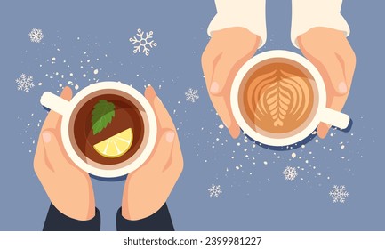 Vector illustration of a girl and a boy hands holding a cup of latte coffee and tea with mint and lemon. Top view of a table in a cafe with snow decor. Warm autumn time on a date. Hot tea with love.