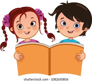 Vector illustration of girl and a boy holding a large book.