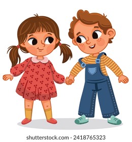 Vector illustration of a girl and boy holding hands.
