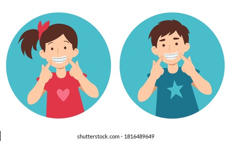 Vector illustration of girl and boy kids with teeth braces. Hand-drawn flat art for tooth care design. Motivational poster or advert banner for children dental clinic. 