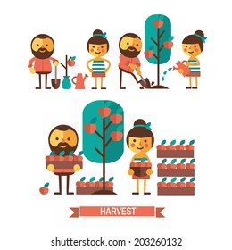 Vector illustration of a girl and a boy planting a tree, watering and harvesting apples in a flat style. Farm harvest of apples, gardeners, gardeners illustration.